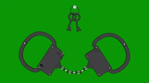 The handcuffs break into small pieces. Animation on a green background. Stock Footage 148233549