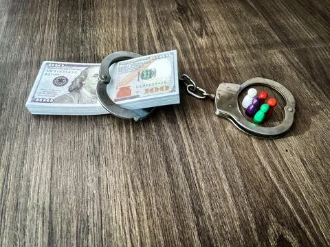 Handcuffs connecting a stack of money and colorful figures Stock Photos