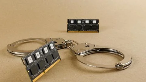 Handcuffs controlling artificial intelligence data chips Stock Photos