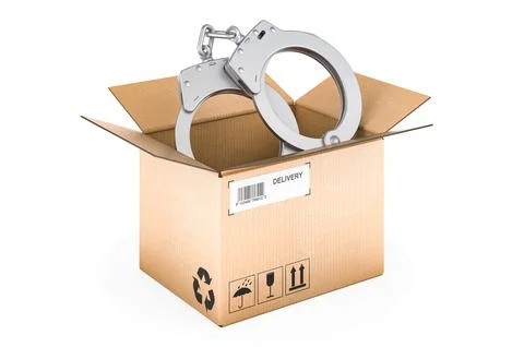 Handcuffs inside parcel, delivery concept. 3D rendering イラスト素材