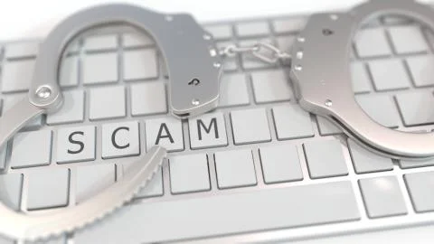 Handcuffs on keyboard with SCAM text on keys. Computer crime related conceptual Stock Illustration