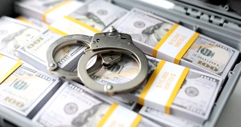 Handcuffs lie on stack of dollars in a suitcase, close-up. Stock Footage 257546254