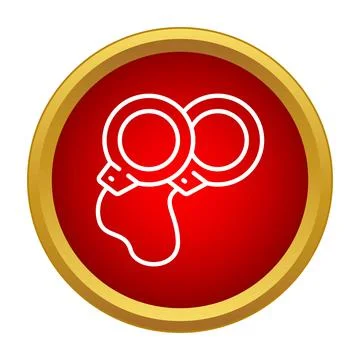 Handcuffs line drawing within a red circle with golden border Stock Illustration