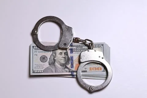 Handcuffs Locking Stack Of US Dollars Financial Restriction Debt Crisis 스톡 사진