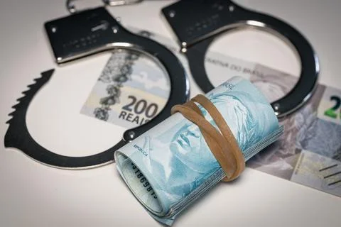Handcuffs lying on the table next to a bundle of Brazilian money, Concept, .. Stock Photos