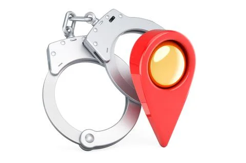 Handcuffs with map pointer, 3D rendering Stock Illustration