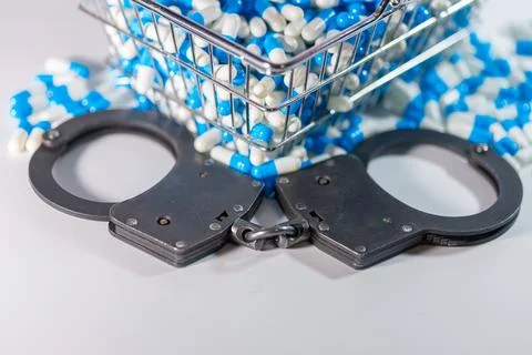 Handcuffs positioned on a table with a basket filled with blue and white ca.. Stock Photos
