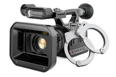 Handcuffs with professional video camera, 3D rendering イラスト素材
