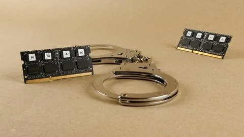 Handcuffs restricting artificial intelligence chips on beige surface 写真素材