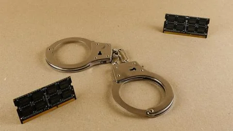 Handcuffs restricting computer memory data access Stock Photos