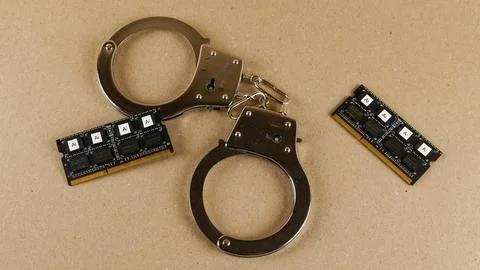 Handcuffs securing artificial intelligence computer chips, representing tec.. 写真素材