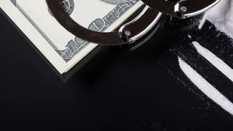 Handcuffs on stack of dollar banknotes and cocaine Stock Footage 150208297