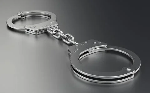 Handcuffs standing on gray background. 3D illustration Stock Illustration