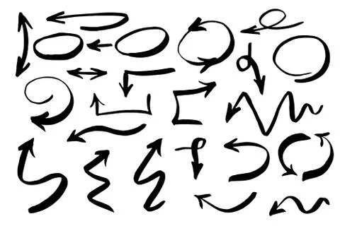 Handdrawn arrows vector set drawn by brush. Isolated vector illustration on w Stock Illustration