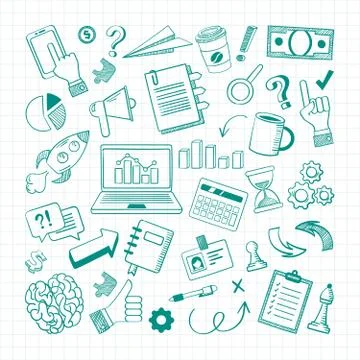 Handdrawn business elements sketch set. Growth charts on squared paper financial Stock Illustration