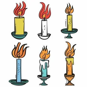 Handdrawn candles burning bright, various designs colors flames flickering light Stock Illustration