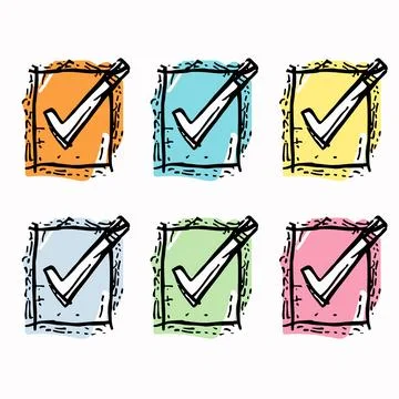Handdrawn check marks inside colorful squares, sketch style doodles, grunge 스톡 일러스트
