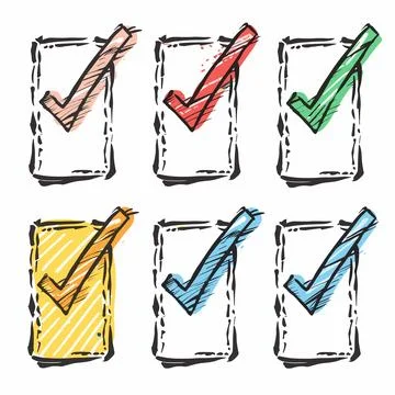 Handdrawn check marks within boxes, colorful sketch, doodle style checkboxes Illustrazione stock