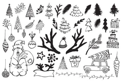 Handdrawn christmas elements. Isolated vector illustration on white backgroun Stock Illustration