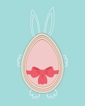 Handdrawn contour Easter Bunny hold Easter egg with ribbon bow decor. Paper cut Stock Illustration