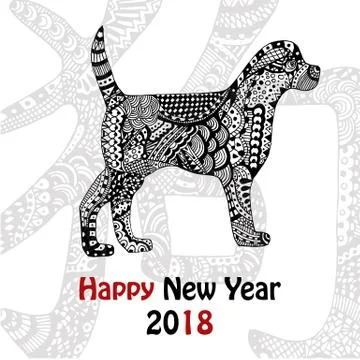 Handdrawn dog with ornate pattern in black and white Stock Illustration