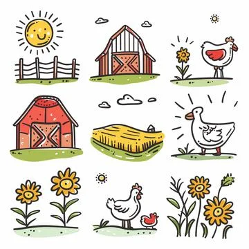 Handdrawn doodle set featuring farm elements, cheerful barn, smiling sun, white Stock Illustration