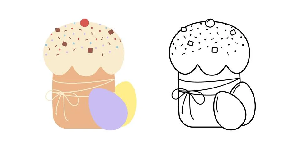 HandDrawn Easter Cake and eggs Colorful and Outline Easter Sticker Icon 스톡 일러스트
