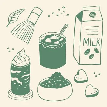 Handdrawn elements include matcha whisk, milk carton, whipped cream Stock Illustration