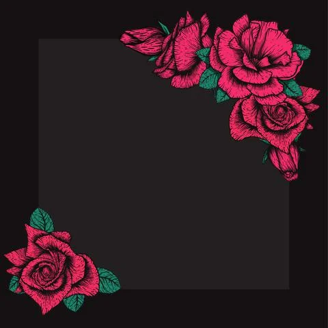 Handdrawn etching roses ribbons and flowers for greeting card design. Vector Stock Illustration