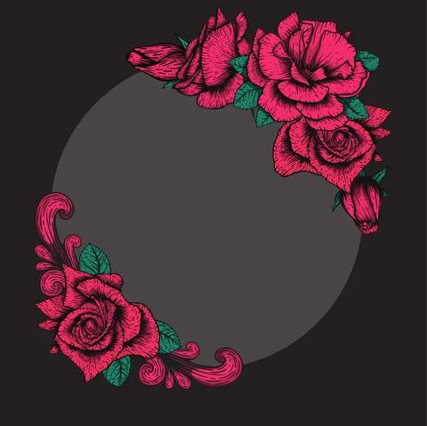 Handdrawn etching roses ribbons and flowers for greeting card design. Vector Stock Illustration