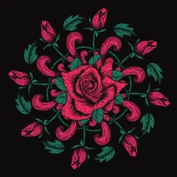 Handdrawn etching roses ribbons and flowers for greeting card design. Vector Stock Illustration