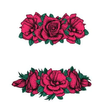 Handdrawn etching roses ribbons and flowers for greeting card design. Vector Stock Illustration