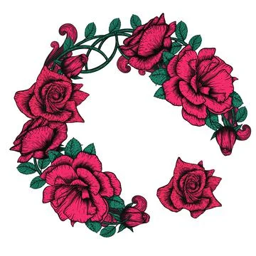 Handdrawn etching roses ribbons and flowers for greeting card design. Vector Stock Illustration