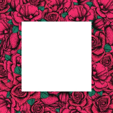 Handdrawn etching roses ribbons and flowers for greeting card design. Vector Stock Illustration