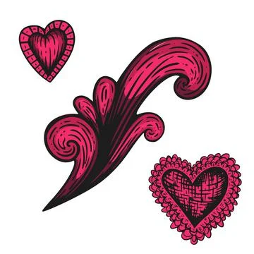 Handdrawn etching tatoo heart with element. Great vector for fabric and print Stock Illustration