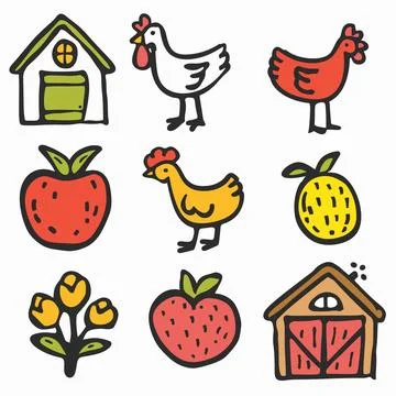 Handdrawn farm elements set, colorful sketch style. Chickens, fruits, flower Illustrazione stock