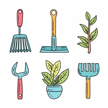 Handdrawn gardening tools plants vector illustration isolated white background Stock Illustration