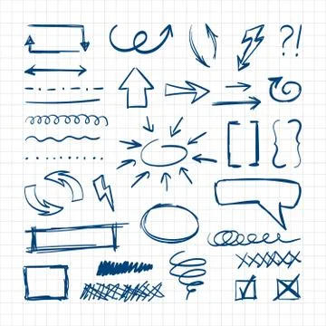 Handdrawn pen design sketch elements. Direct curved arrows lightning braces Stock Illustration