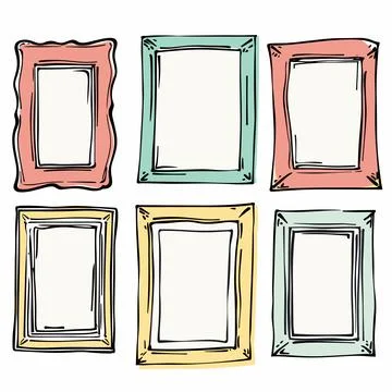 Handdrawn picture frames set six, varying colors doodle styles. Illustrated イラスト素材