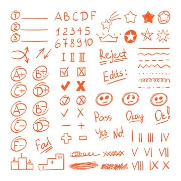 Handdrawn red pen test result marks set. Verification of homework marker for Stock Illustration