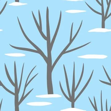 Handdrawn seamless pattern of bare winter gray trees with white snow on blue Ilustração Stock