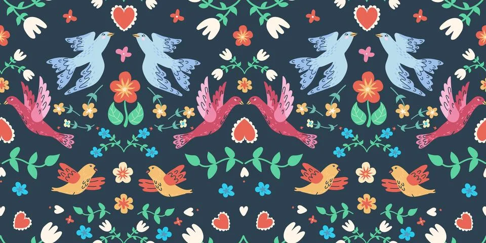 Handdrawn seamless pattern with birds and flowers. Perfect for romantic desig Stock Illustration