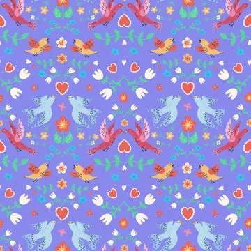 Handdrawn seamless pattern with birds and flowers. Perfect for romantic desig Stock Illustration