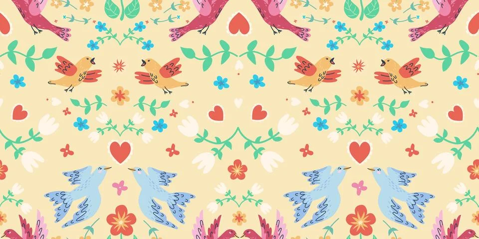 Handdrawn seamless pattern with birds and flowers. Perfect for romantic desig Illustrazione stock