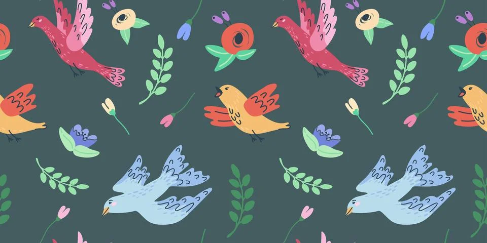 Handdrawn seamless pattern with birds and flowers. Perfect for romantic desig Stock Illustration