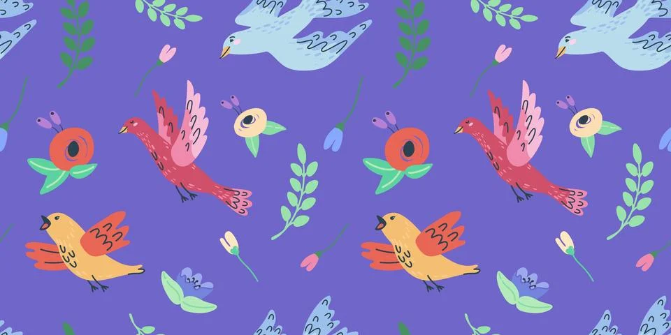 Handdrawn seamless pattern with birds and flowers. Perfect for romantic desig Stock Illustration