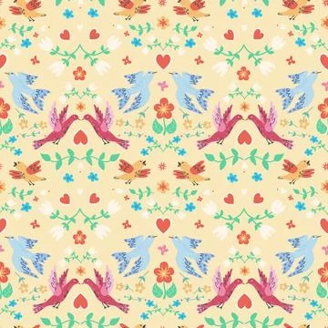 Handdrawn seamless pattern with birds and flowers. Perfect for romantic desig Stock Illustration