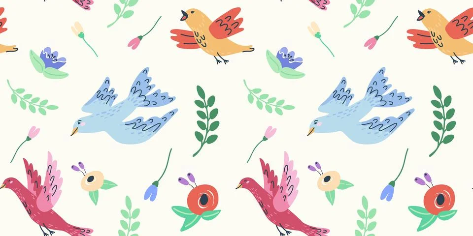 Handdrawn seamless pattern with birds and flowers. Perfect for romantic desig Stock-Illustration
