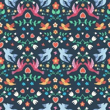Handdrawn seamless pattern with birds and flowers. Perfect for romantic desig Stock-Illustration