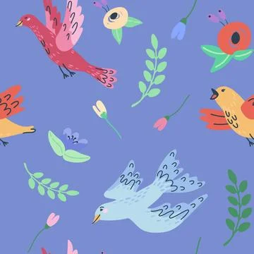 Handdrawn seamless pattern with birds and flowers. Perfect for romantic desig Stock Illustration